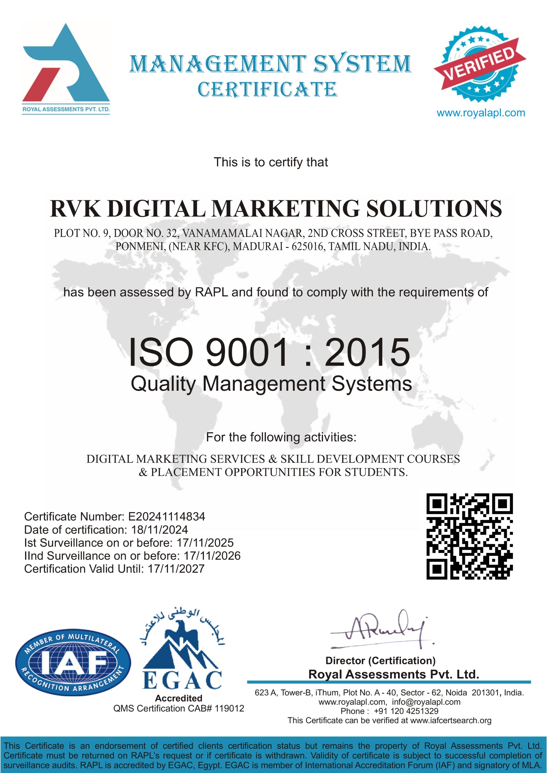 RVK Web ISO 9001:2015 certified for digital marketing services, skill development, and student placement in Madurai